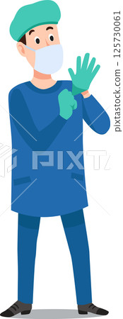 Doctor wearing a face mask and hair net, putting on sterile gloves while preparing for a medical procedure in a hospital operating room, ensuring hygiene and safety standards 125730061