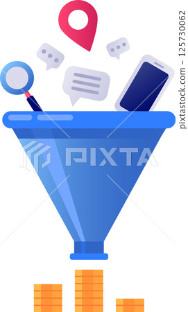 Marketing research, geolocation and mobile marketing being filtered by a sales funnel, generating increasing stacks of coins, representing increasing profits 125730062