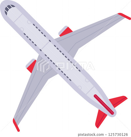 Capturing a top view of a modern passenger airplane soaring through the sky, showcasing an aircraft with striking red wings and tail, embodying the essence of aerial travel and transportation 125730126