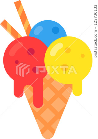 Colorful scoops of melting ice cream dripping down a waffle cone, creating a delightful summer treat adorned with crunchy wafer sticks, evoking sweetness and refreshment 125730132