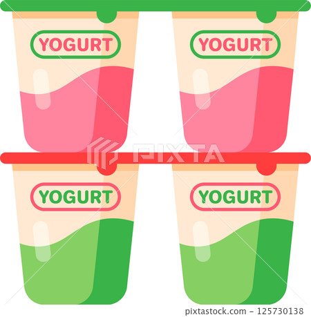 Four plastic yogurt cups, two with a pink strawberry flavor and two with a green pistachio flavor, are waiting to be eaten, a healthy and refreshing snack or breakfast 125730138