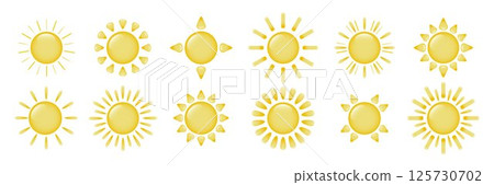 A collection of sun icons with different rays on a white background. 125730702