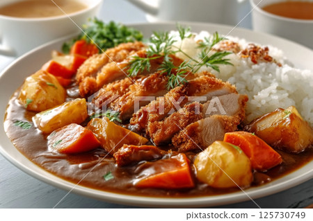 Home-style curry rice with chunky vegetables and beef Home-style curry rice with chunky vegetables and beef 125730749