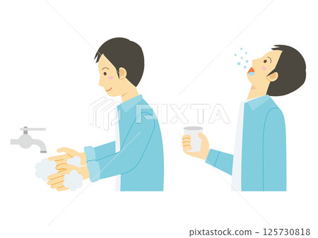 Illustration of a man gargling and washing his hands (revised version) 125730818