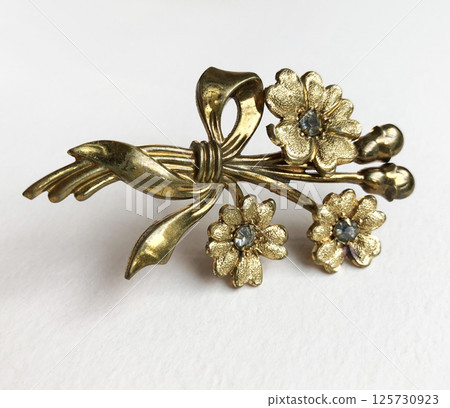 Clean flat lay vintage brooch womens jewelry product 125730923