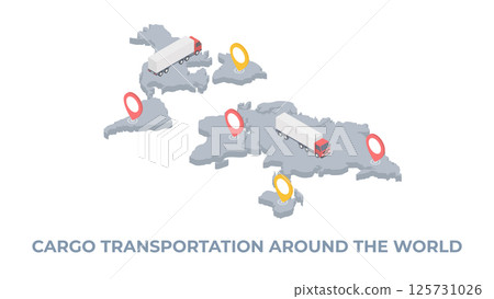 International delivery transportation global map location isometric banner vector illustration. World logistic network cargo trucking. Import export service. International delivery transportation global map location isometric banner vector illustration. World logistic network cargo trucking. Import export service. 125731026