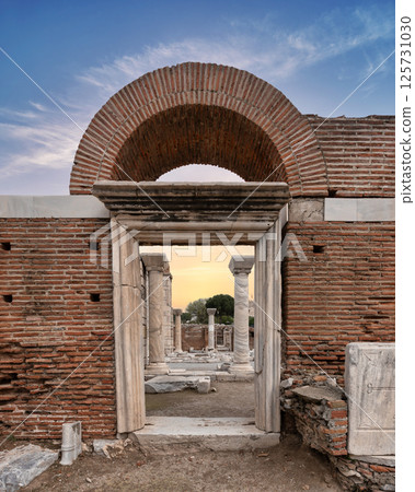 Exploring the historic Basilica of St. John in Seluk near Izmir, Turkey at sunset 125731030