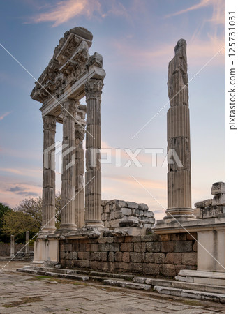 Exploration of the Temple of Trajan at the Acropolis of Pergamon in Bergama, Izmir, Turkey during sunset Exploration of the Temple of Trajan at the Acropolis of Pergamon in Bergama, Izmir, Turkey during sunset 125731031