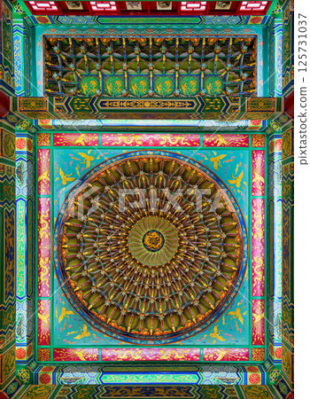 Intricate ceiling design of Thean Hou Temple showcasing vibrant colors and patterns in Kuala Lumpur 125731037