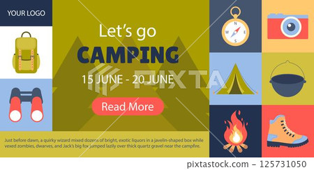 Camping. Social Media Cover Template, Flat Style Poster. 125731050