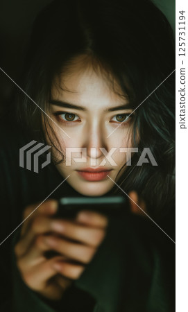 Asian woman with intense gaze holding smartphone, moody lighting, close up portrait 125731194