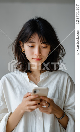 Asian woman white shirt smartphone casual indoor relaxed looking modern technology 125731197