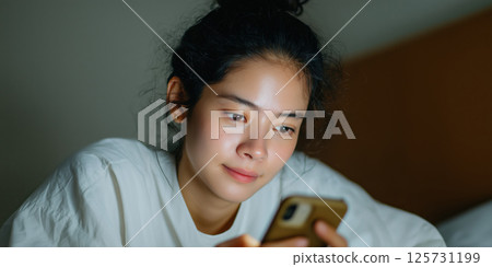Asian woman using smartphone, relaxed expression, lying indoors, soft lighting, casual mood 125731199
