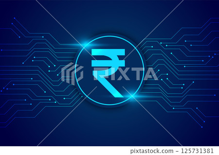 indian currency rupee sign with digital circuit lines background 125731381
