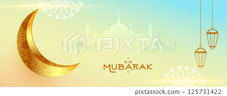 eid mubarak holy festival banner with realistic golden moon 125731422