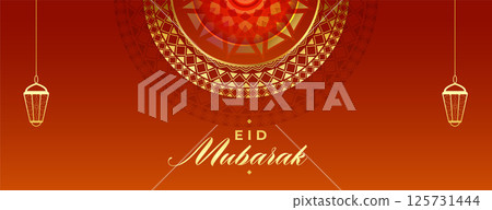 traditional eid mubrak islamic religious banner with hanging lamp traditional eid mubrak islamic religious banner with hanging lamp 125731444