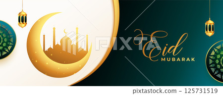 golden moon and mosque on islamic festival eid mubarak banner 125731519