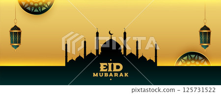 arabic style eid mubarak mosque banner with hanging lamp 125731522