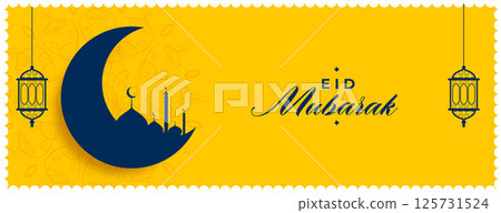 flat style eid mubarak yellow banner with mosque and moon flat style eid mubarak yellow banner with mosque and moon 125731524
