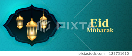 elegant eid mubarak turquoise banner with glowing lantern 125731610