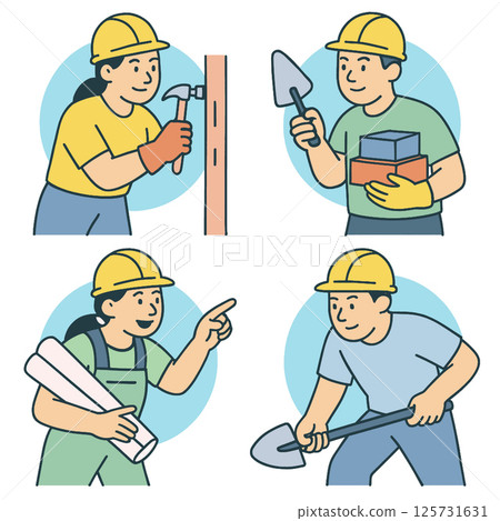 Group of workers engaged in various construction tasks, showcasing teamwork and skills 125731631
