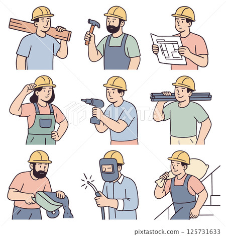 Collection of workers engaged in various construction tasks, showcasing teamwork and skills Collection of workers engaged in various construction tasks, showcasing teamwork and skills 125731633