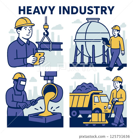 Heavy industry workers engaged in various tasks, showcasing teamwork and machinery Heavy industry workers engaged in various tasks, showcasing teamwork and machinery 125731636