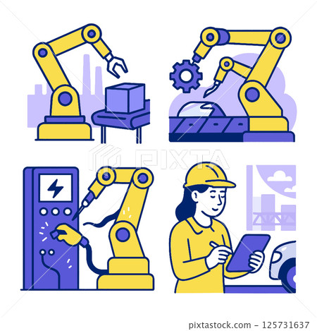 Illustration of robotic arms various industrial settings, showcasing automation and technology Illustration of robotic arms various industrial settings, showcasing automation and technology 125731637