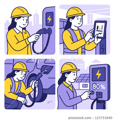 Worker hard hat engages with electric vehicle charging technology, showcasing modern energy Worker hard hat engages with electric vehicle charging technology, showcasing modern energy 125731640