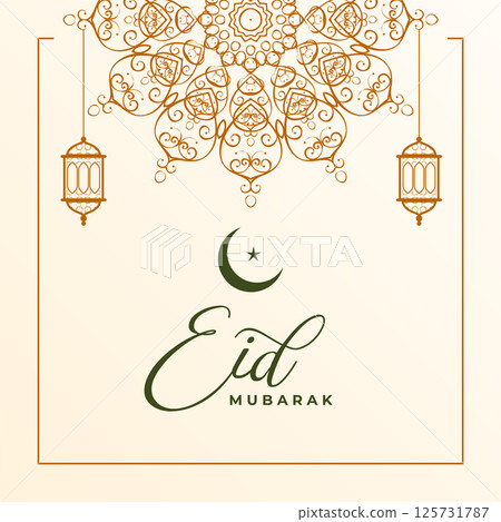eid mubarak invitation card with islamic decoration and lantern eid mubarak invitation card with islamic decoration and lantern 125731787