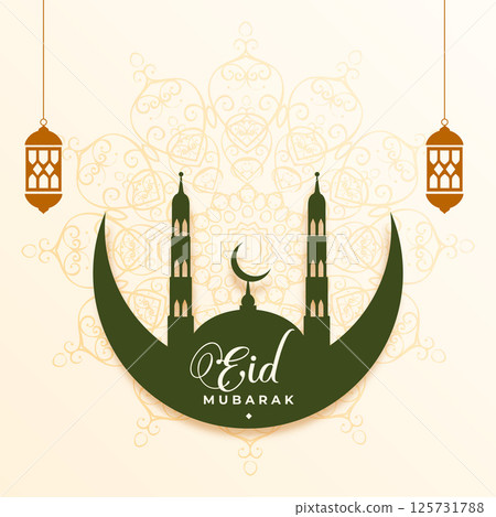 beautiful eid mubarak religious card with green mosque and moon 125731788