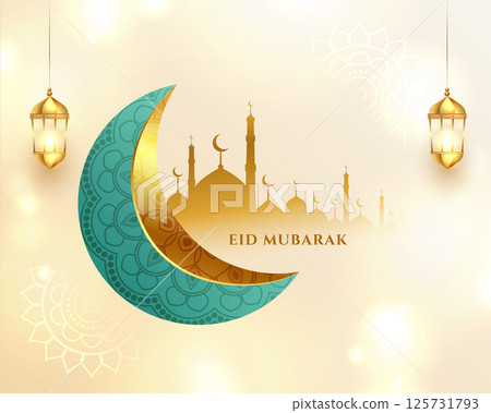 beautiful  eid mubarak shiny background with realistic moon and mosque 125731793