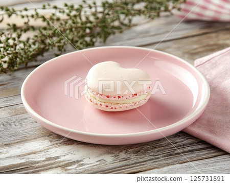 Heart shaped macaron on light pink plate with spa elements for serenity and indulgence 125731891
