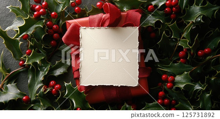 Blank cream colored square card on red gift with holly leaves and berries for Christmas decoration 125731892