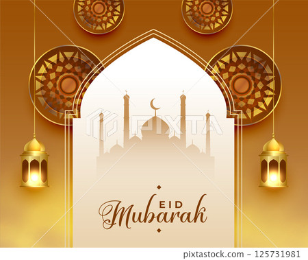 muslim eid festival invitation card with mosque and lamp 125731981