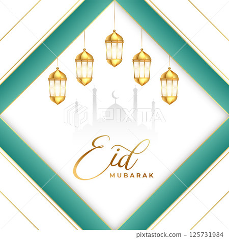 eid mubarak greeting card with mosque and hanging lantern 125731984