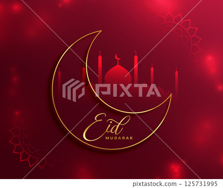 glowing eid mubarak religious card with moon and mosque 125731995