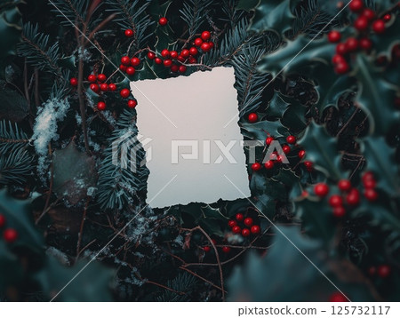 Blank white card on festive holly and berry background for holiday greetings 125732117