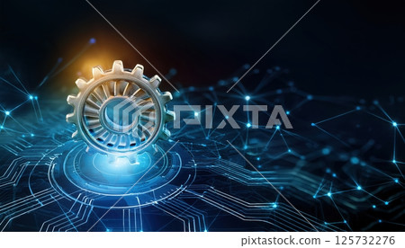 High tech digital gear mechanism glowing illuminated connected network background futuristic technology innovation concept 125732276