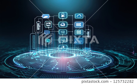 Futuristic digital technology icons connected in a cloud network with glowing holographic interface and abstract technology background emphasizing innovation and connectivity 125732282