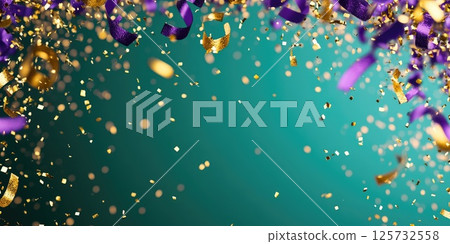 Festive celebration with purple and green background and gold confetti for Mardi Gras party decor Festive celebration with purple and green background and gold confetti for Mardi Gras party decor 125732558