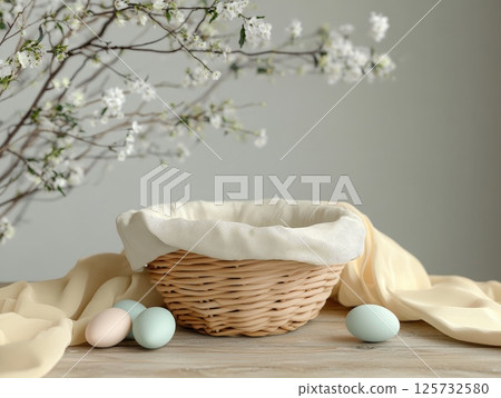 Ultra realistic woven basket with pastel Easter eggs and blossoms for spring decoration ideas 125732580