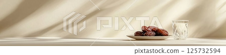 Minimalist still life with dates and glass on elegant soft background 125732594