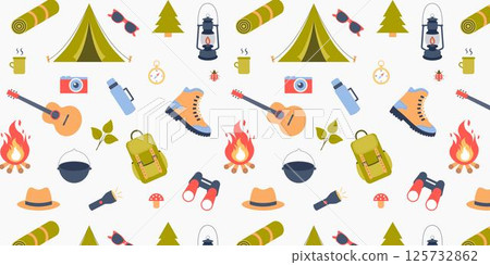 Seamless repeat pattern background. Outdoor recreation, camping elements, wrapping paper, fabric printing. 125732862