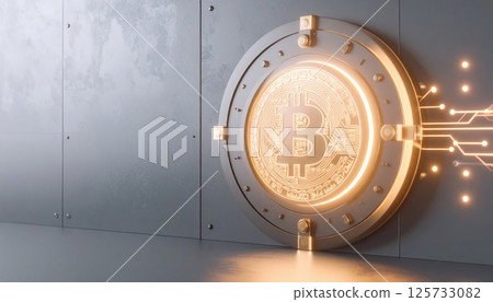 Futuristic digital Bitcoin coin vault door opening with glowing circuit lines and cryptocurrency symbols in a modern secure digital finance environment 125733082