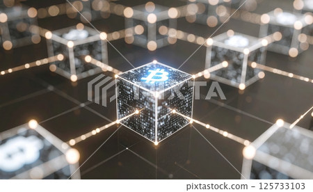 Digital blockchain technology illustration featu interconnected glowing cubes with a prominent bitcoin symbol in the center on a dark background 125733103