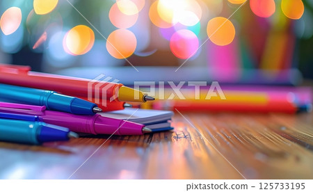 Vibrant colorful markers stacked on wooden surface with blurred multicolored bokeh background for artistic, creative, and craft activities or office supplies Vibrant colorful markers stacked on wooden surface with blurred multicolored bokeh background for artistic, creative, and craft activities or office supplies 125733195