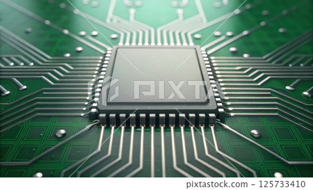 Close-up of a modern computer microprocessor chip with detailed green circuit board and intricate electronic pathways for processing technology and digital systems Close-up of a modern computer microprocessor chip with detailed green circuit board and intricate electronic pathways for processing technology and digital systems 125733410