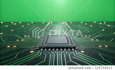 Close-up of a modern high-performance computer processor chip mounted on a printed circuit board with intricate wi and glowing electronic pathways 125733411