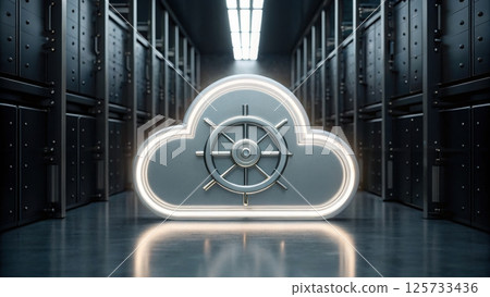 Cloud computing concept illustration with neon outline of a cloud and spinning vault symbol in a high-tech data center with server racks and futuristic lighting 125733436